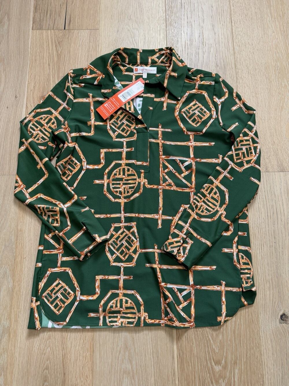 NWT! Jude Connally XS Bamboo Jungle Geo Print Long Sleeve Blouse Shirt USA MADE